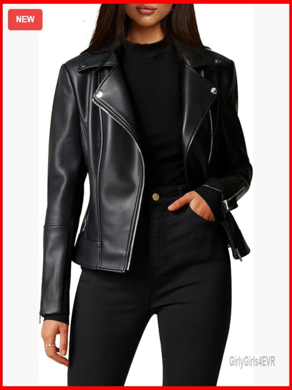 Faux Leather Motorcycle Jacket, Asymmetrical Zipper, Stretchy Sleeves, Sizes